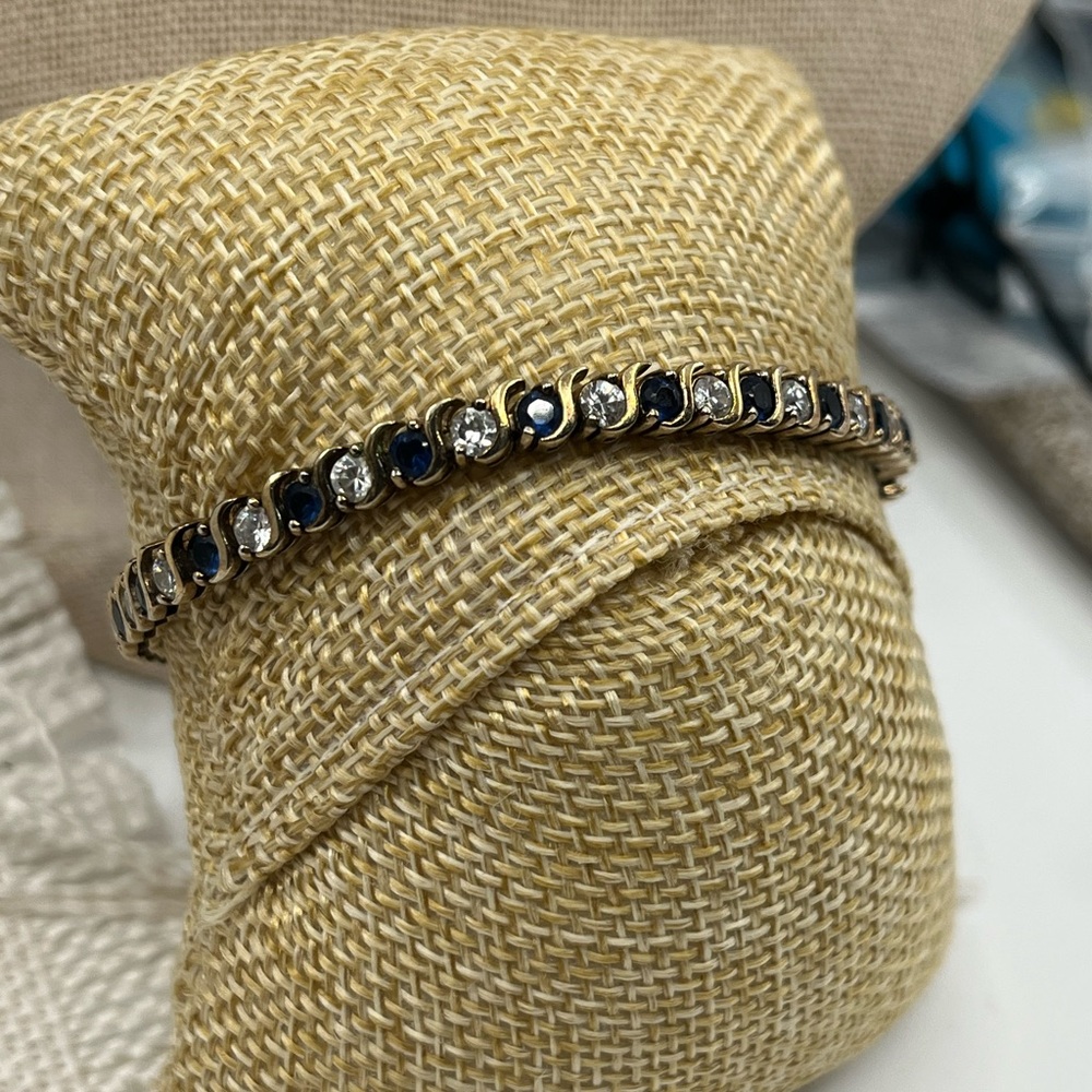 Vintage Estate Gold Over Sterling Silver Tennis Bracelet Sapphire Clear CZ 7.25" - Picture 14 of 16